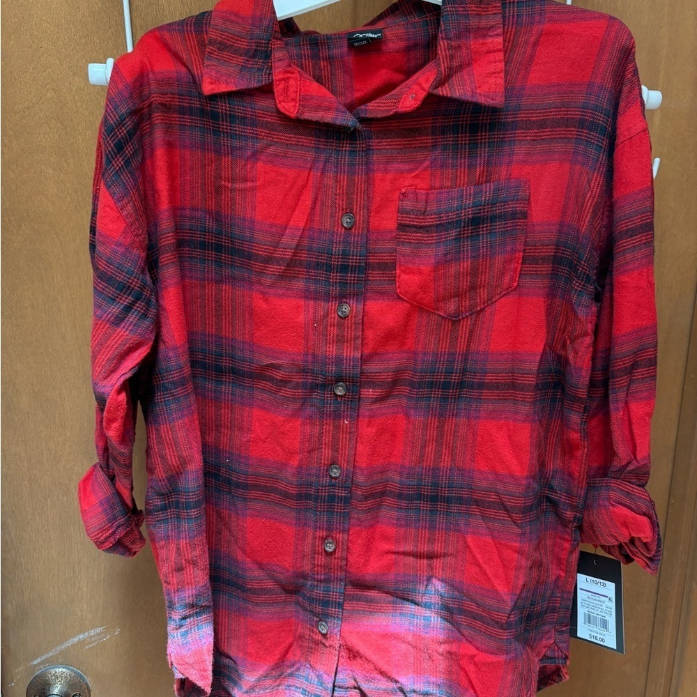 NWT Art Class Boys L 10/12 Red Black Plaid Flannel Button Down Shirt
